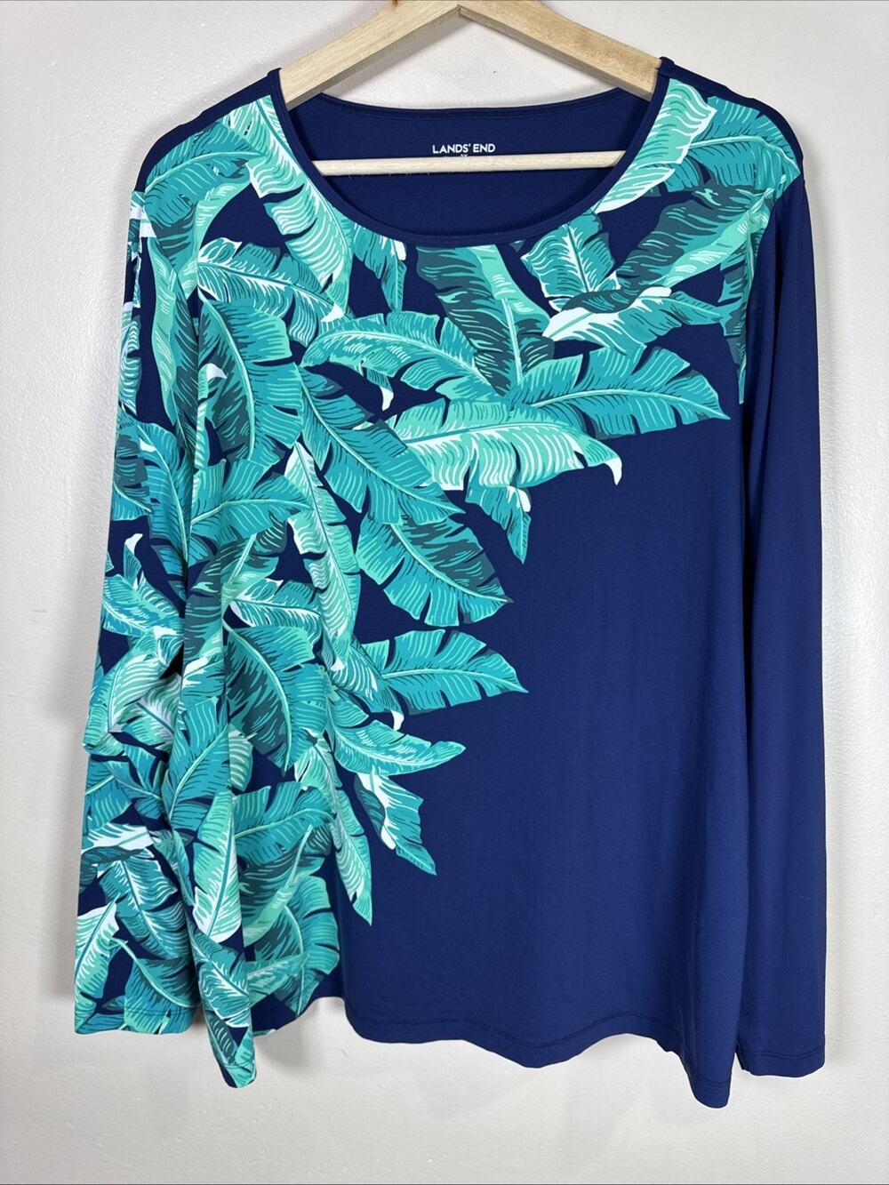 Lands End Womens Long Sleeve Swim Shirt Plus Size 2x SPF Rash guard Leaf Navy